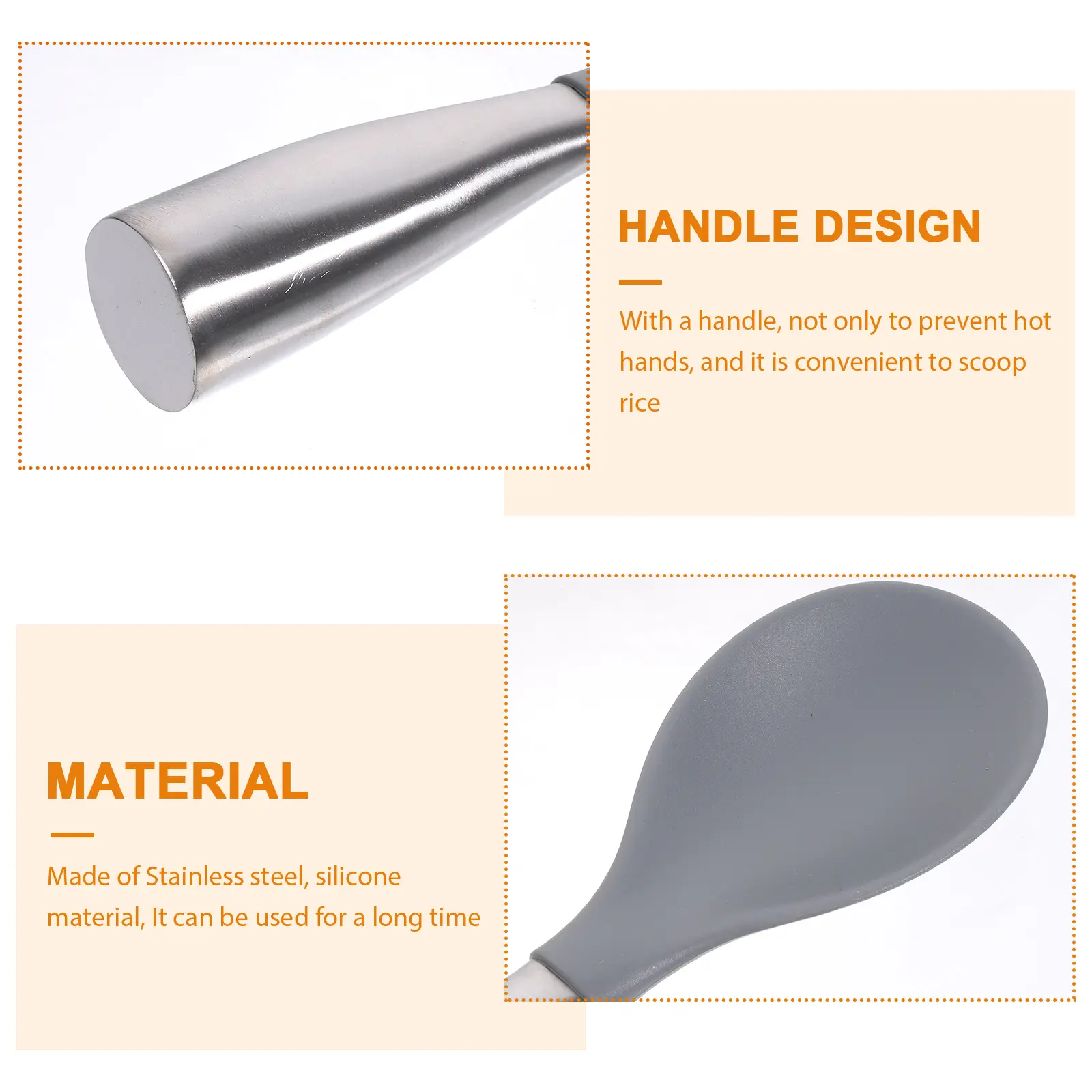 1pc Stainless Steel Handle Rice Spoon Large Size Kitchen Utensils Grey Silicone Scoop Easy Clean Practical Function Gifts