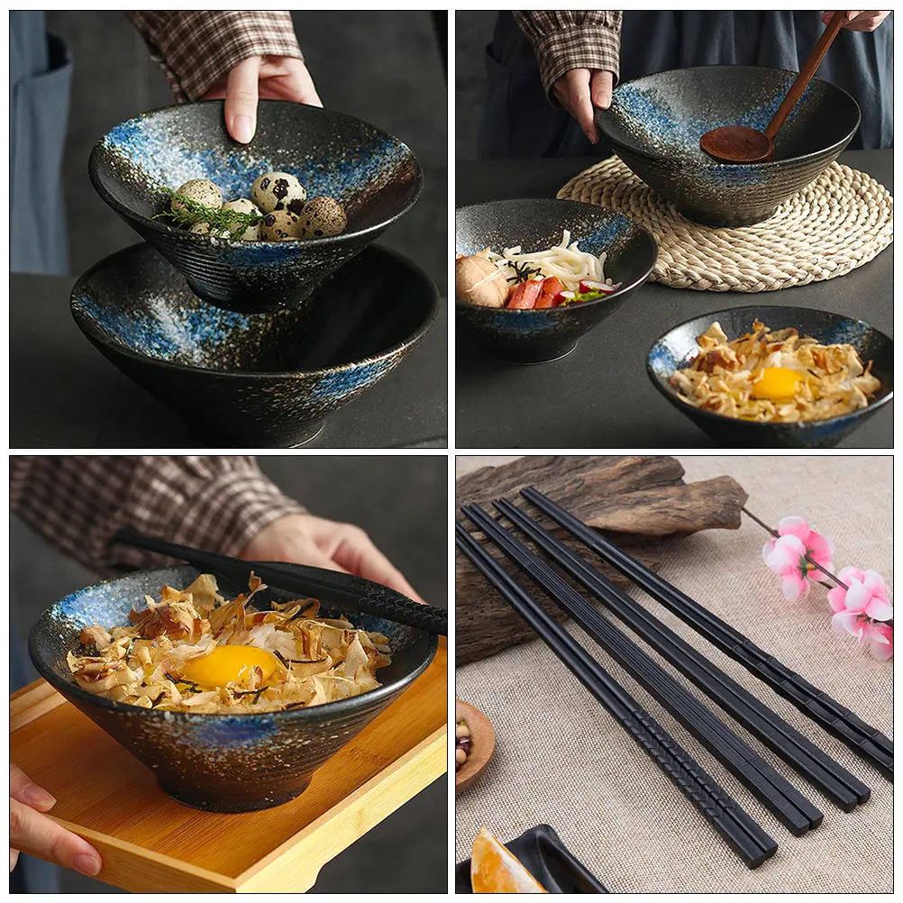 3pcs Ceramic Alloy Bamboo Food Grade Bowl Set Soup Ramen Noodle Japanese Style Serving Dishware Set For Cold Hot Meals