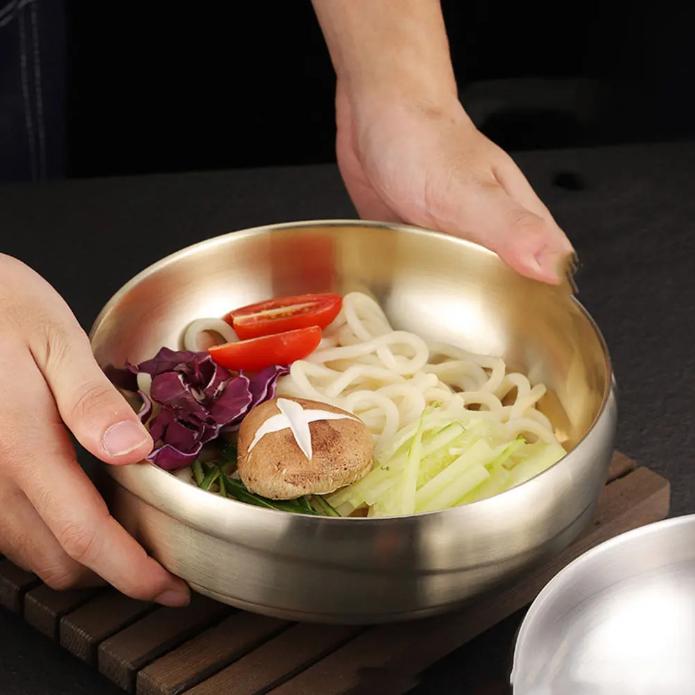 Cold Noodle Bowl Salad Ramen Stainless Steel Golden Double Layer Soup Pasta Kitchen Tableware Serving Home Baking Pan