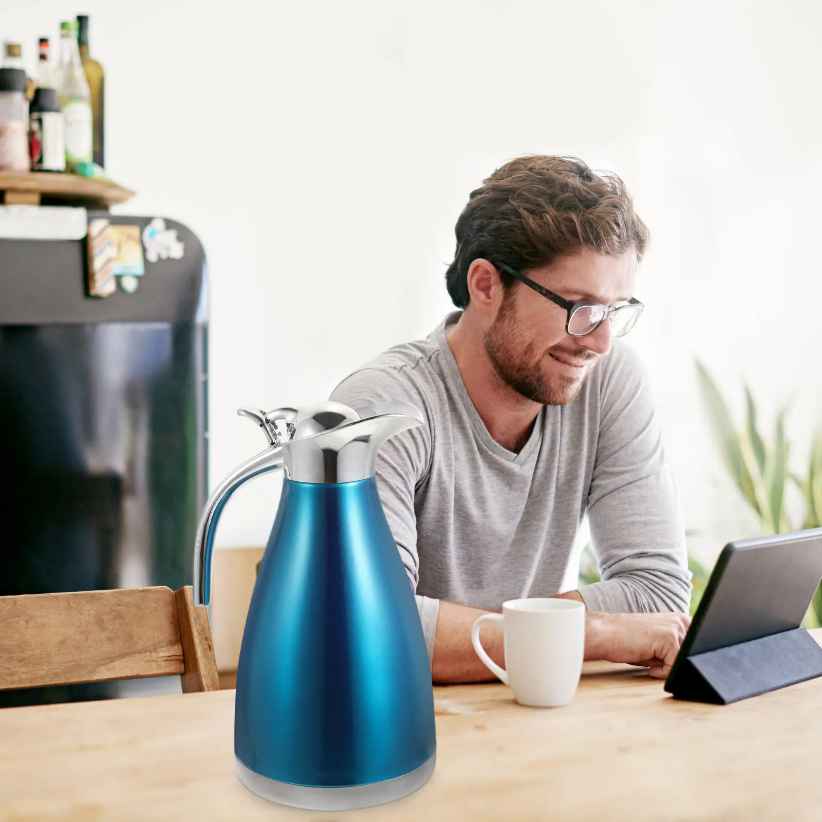 Double-layer Insulation Pot Blue Kettle Insulated Water Jug Bottle Coffee Teapot Travel