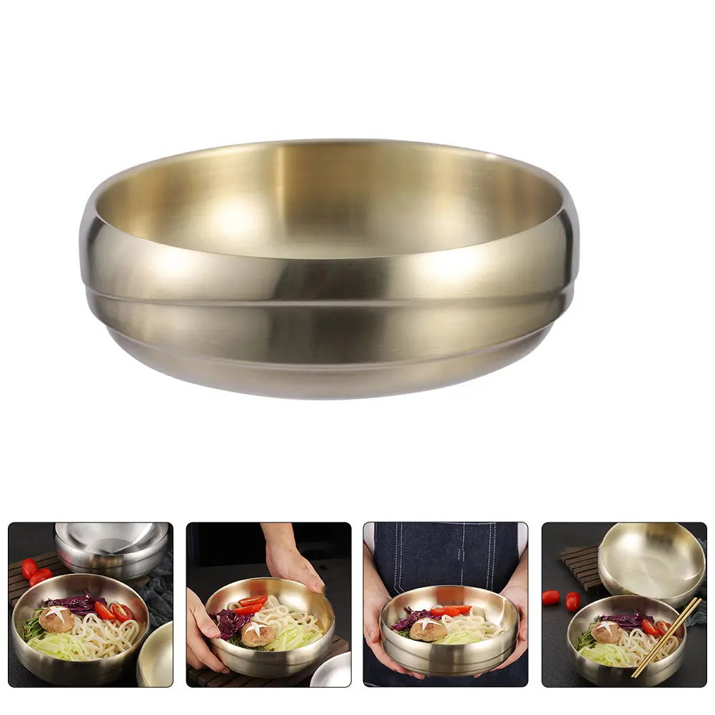 Cold Noodle Bowl Salad Ramen Stainless Steel Golden Double Layer Soup Pasta Kitchen Tableware Serving Home Baking Pan