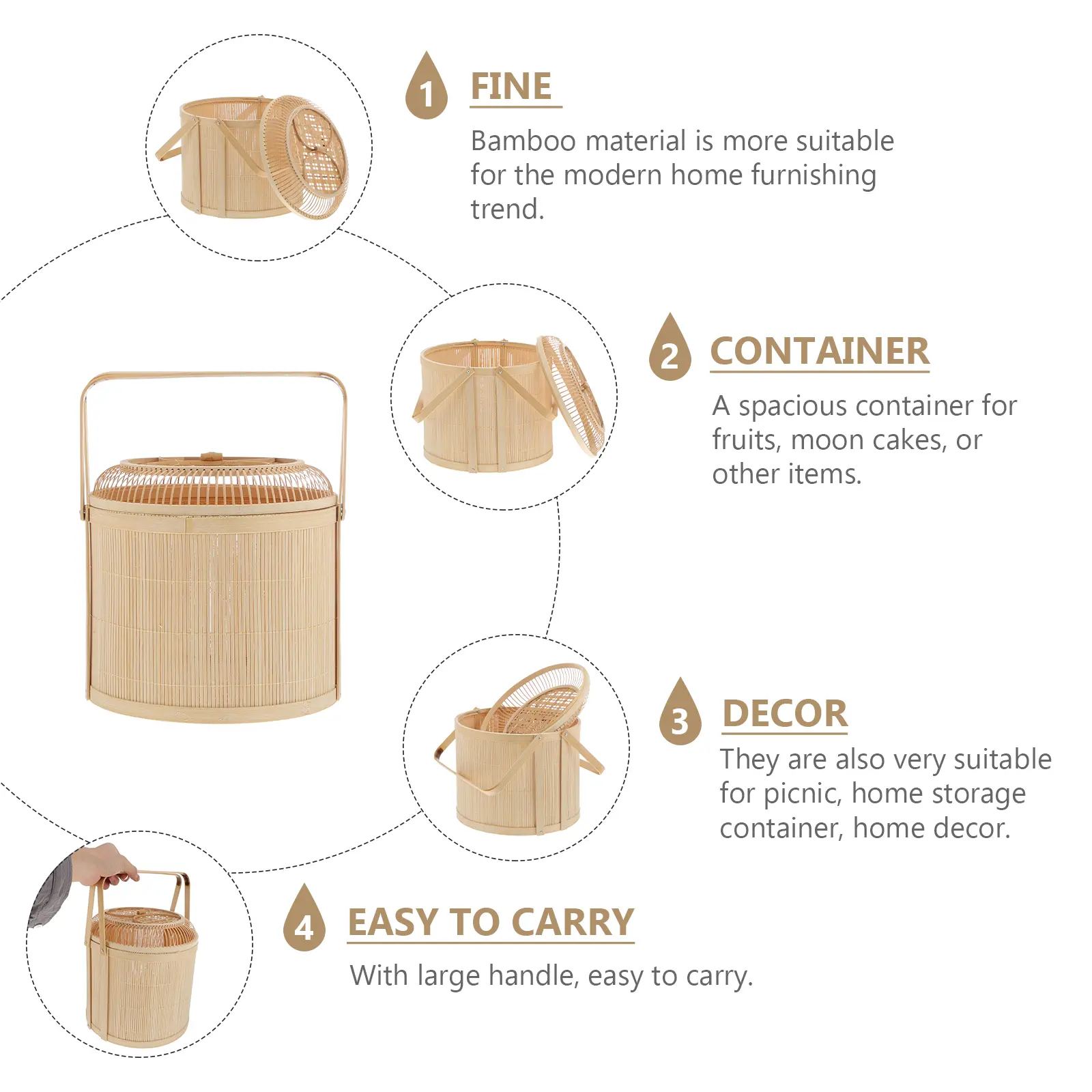 Bamboo Basket Large Woven Fruit Container H made Storage Picnic Home Decor Easy Clean Moon Cake Basket Fruits
