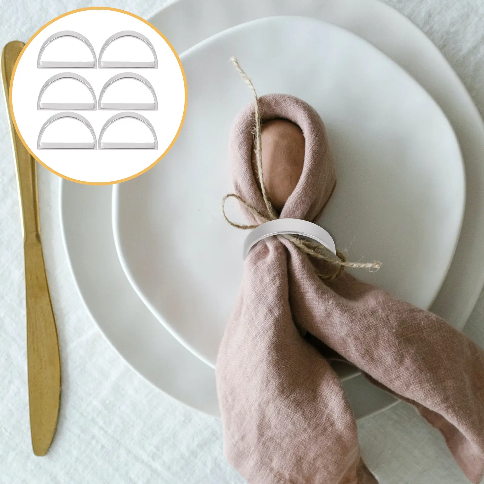 6pcs D-Shaped Napkin Rings Elegant Zinc Alloy Table Decorations for Wedding Banquet Home Dining Reusable Serviette Holders Metal