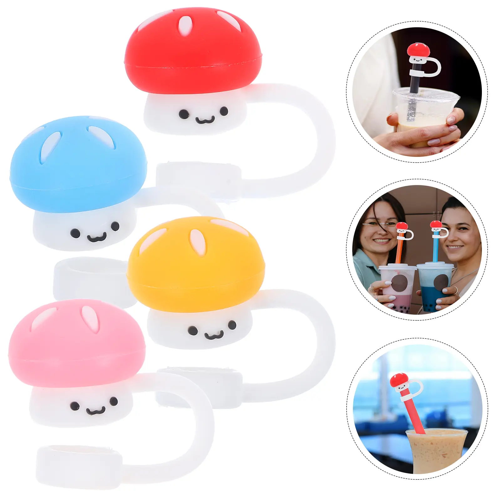 4pcs Straw Dust Plugs Cute Mushroom Toppers Reusable Silicone Covers Anti Dust Airtight Sealed Splashing Proof for Parties
