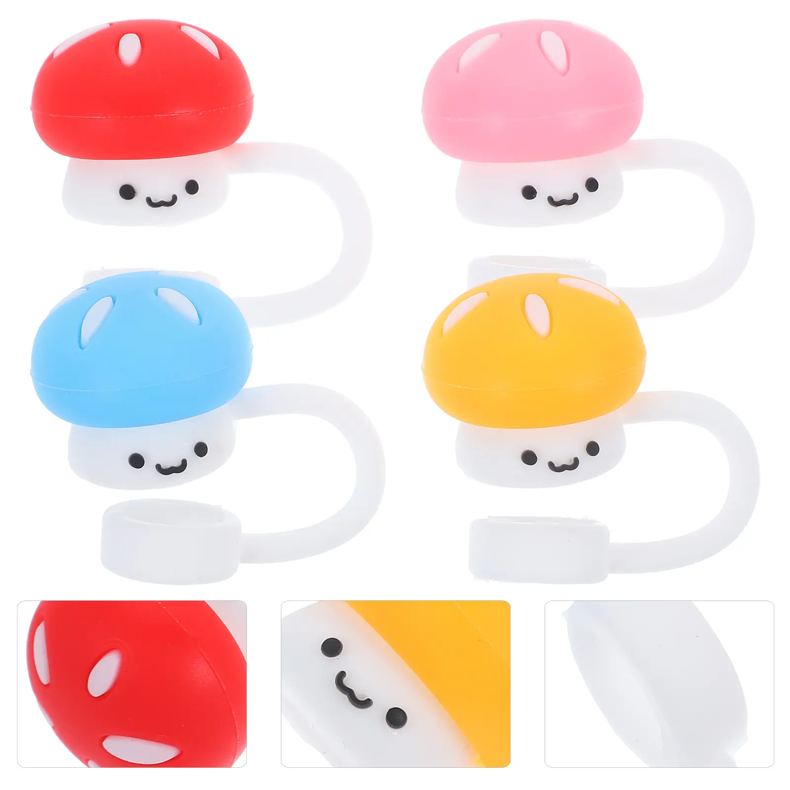 4pcs Straw Dust Plugs Cute Mushroom Toppers Reusable Silicone Covers Anti Dust Airtight Sealed Splashing Proof for Parties