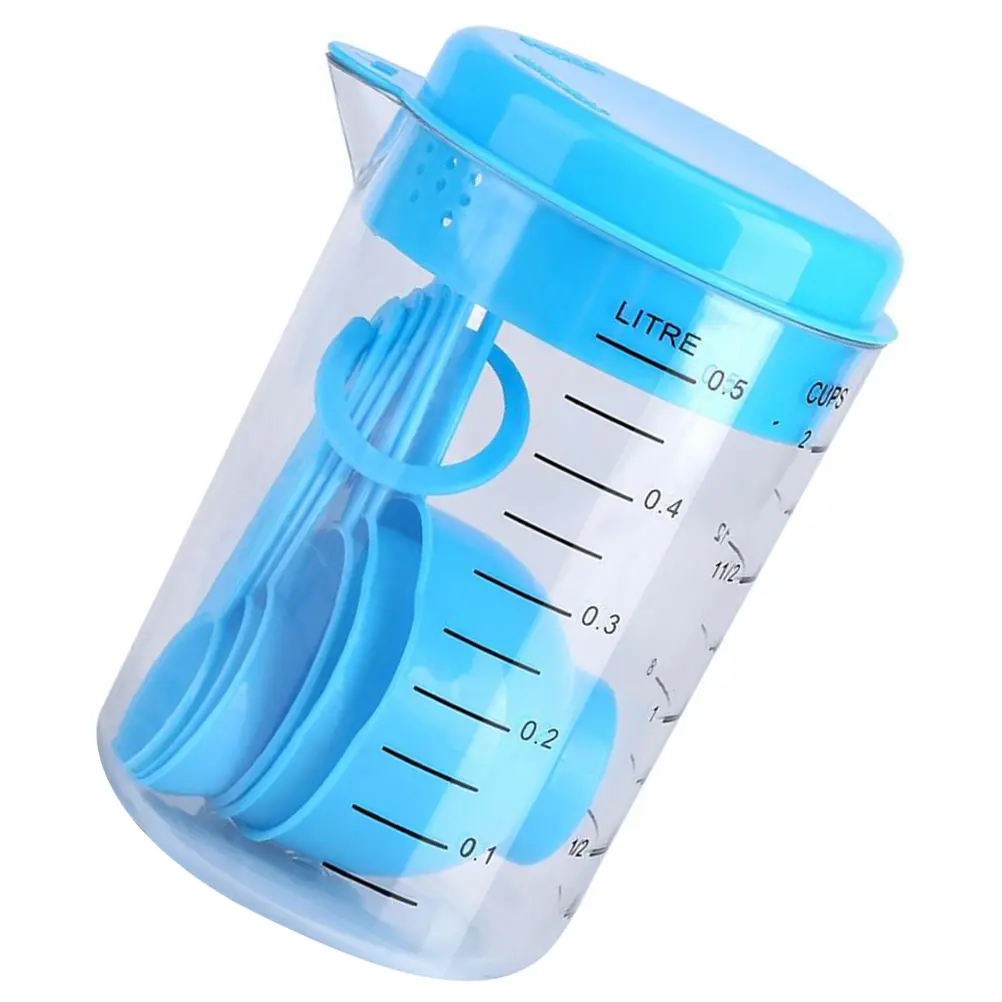 7pcs Measuring Cups Spoons Set Baking Kitchen Tool Blue Plastic Dry Wet Ingredients Portion Control Dishwasher Safe