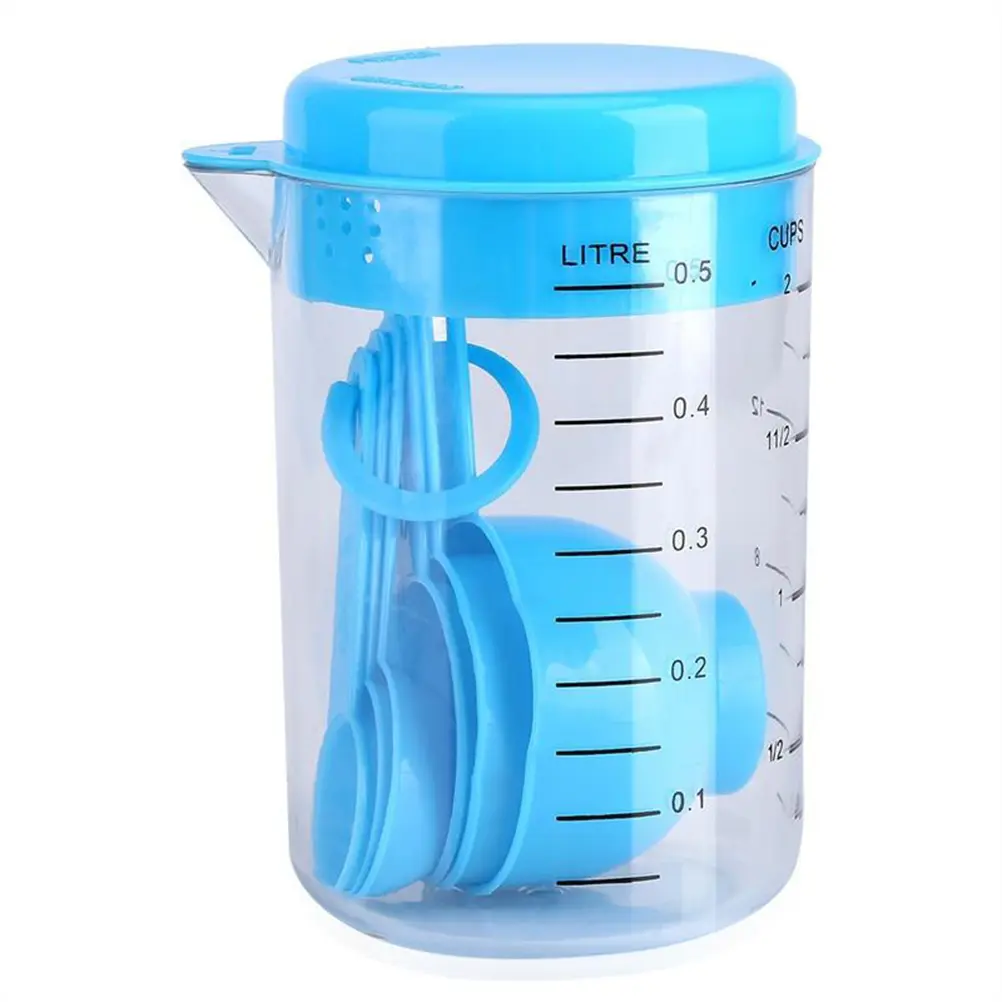 7pcs Measuring Cups Spoons Set Baking Kitchen Tool Blue Plastic Dry Wet Ingredients Portion Control Dishwasher Safe