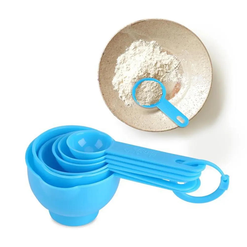 7pcs Measuring Cups Spoons Set Baking Kitchen Tool Blue Plastic Dry Wet Ingredients Portion Control Dishwasher Safe