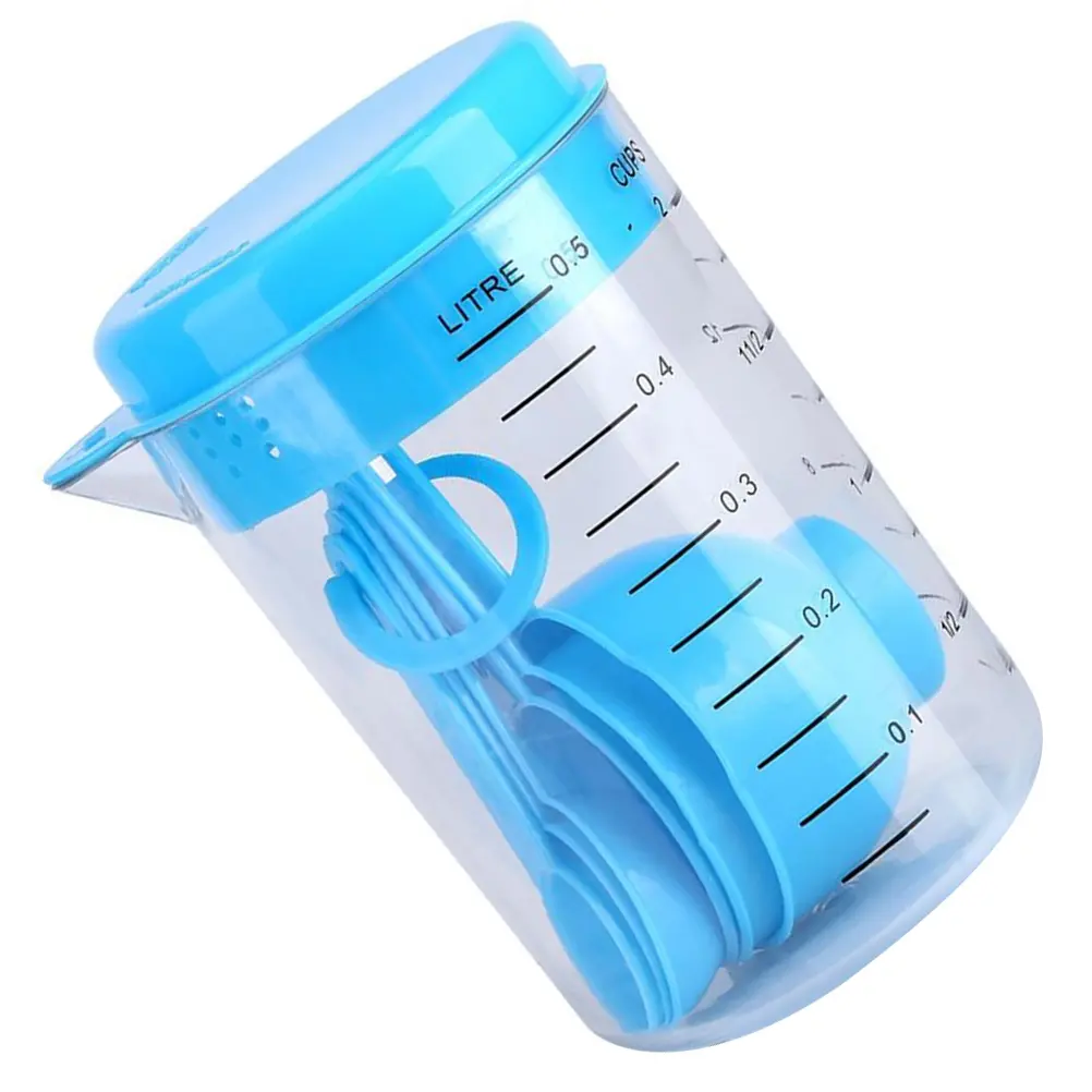 7pcs Measuring Cups Spoons Set Baking Kitchen Tool Blue Plastic Dry Wet Ingredients Portion Control Dishwasher Safe