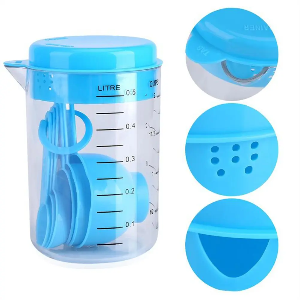 7pcs Measuring Cups Spoons Set Baking Kitchen Tool Blue Plastic Dry Wet Ingredients Portion Control Dishwasher Safe