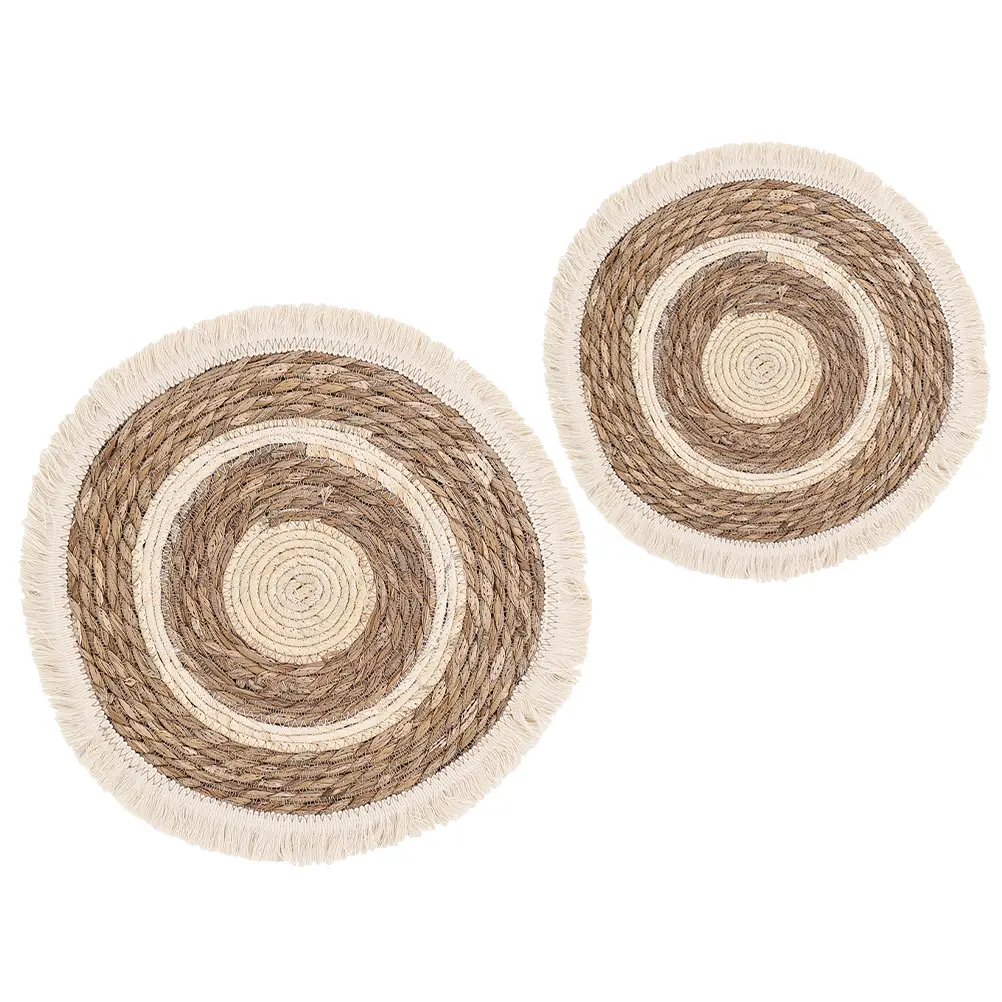 2 Pcs Woven Placemats 38CM 25CM Grass Cotton Coaster Round Tassel Insulated Bowl Mat Dining Desktop Absorbent Placemat Kitchen