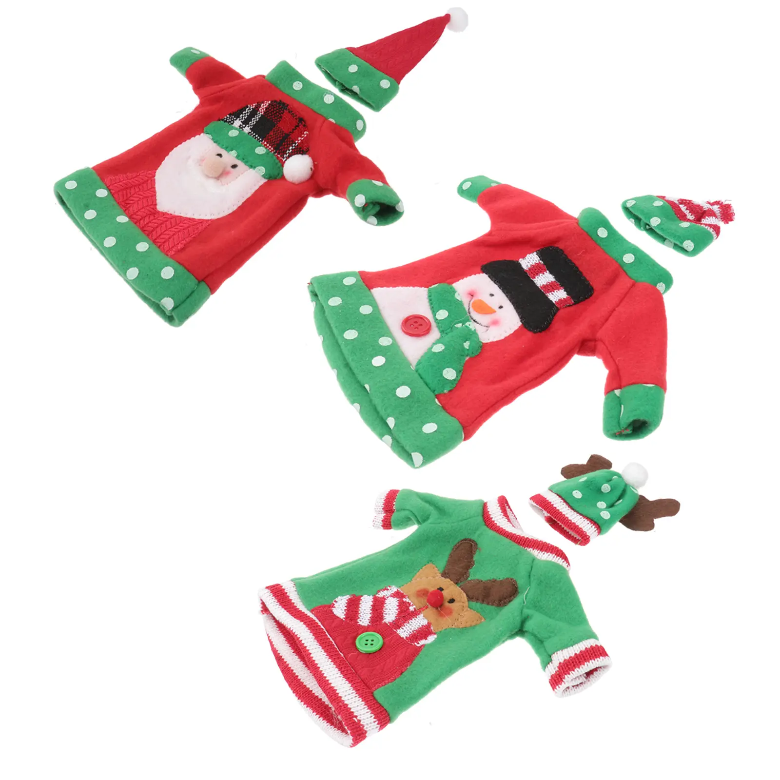 3pcs Christmas Clothes Bottle Cover Santa Snowman Elk Sweater Cap for Xmas Party Ornament Dress up Holiday Gift