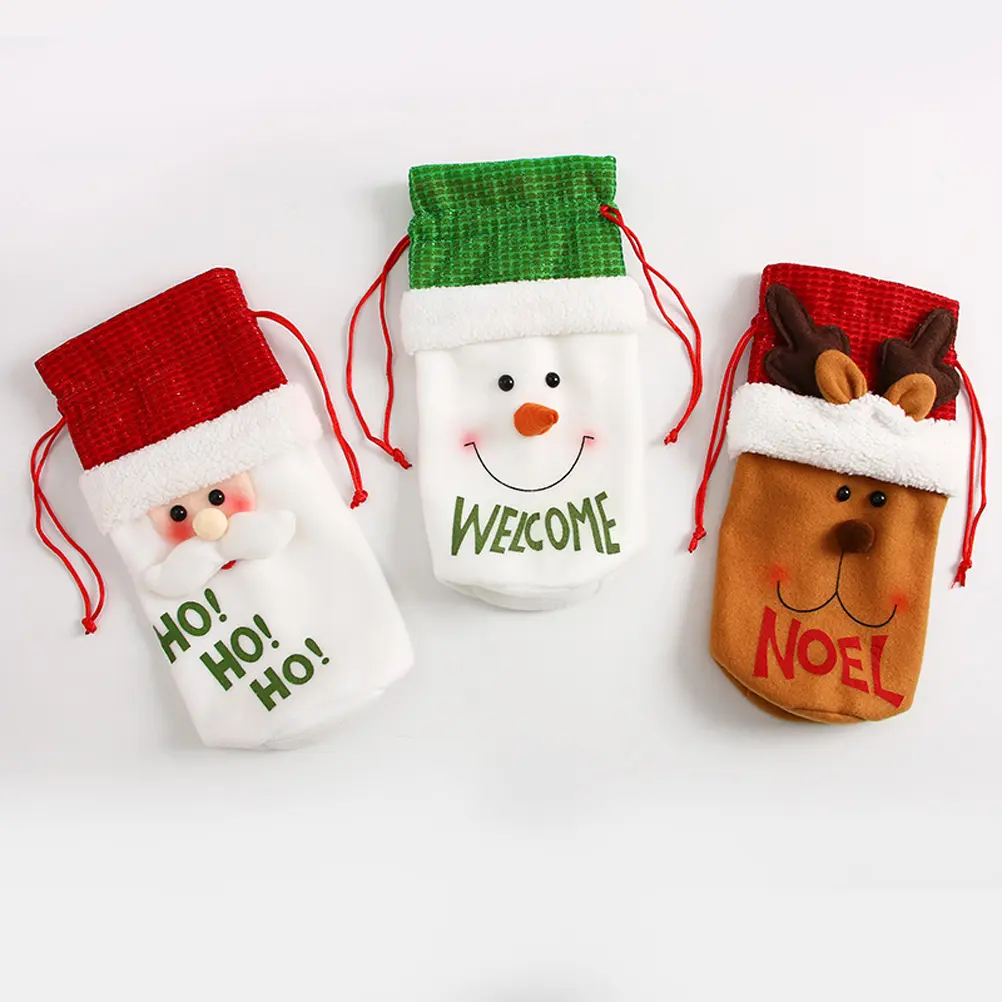 3 Pcs Bottle Bag Christmas Atmosphere Decoration Santa Claus Cover Drawstring Red Drawsring Dining Room