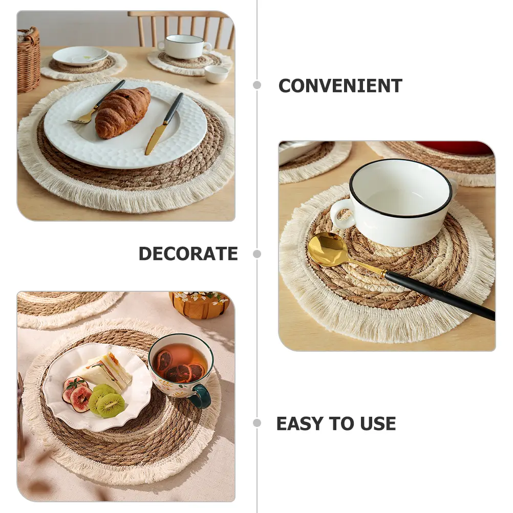 2 Pcs Woven Placemats 38CM 25CM Grass Cotton Coaster Round Tassel Insulated Bowl Mat Dining Desktop Absorbent Placemat Kitchen