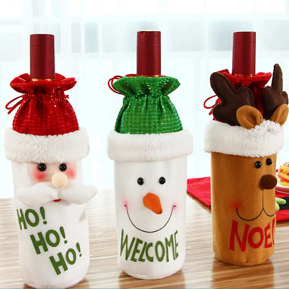 3 Pcs Bottle Bag Christmas Atmosphere Decoration Santa Claus Cover Drawstring Red Drawsring Dining Room
