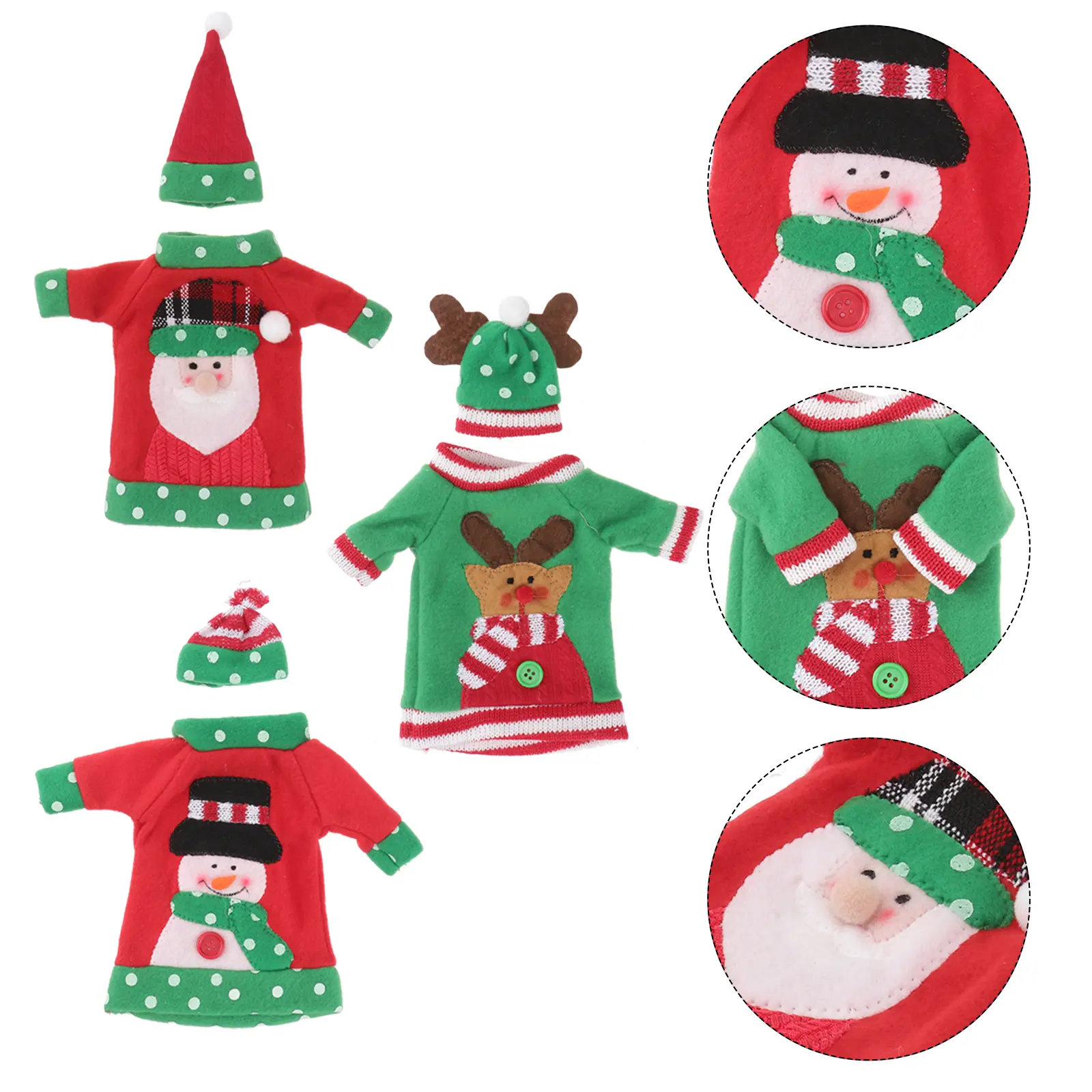 3pcs Christmas Clothes Bottle Cover Santa Snowman Elk Sweater Cap for Xmas Party Ornament Dress up Holiday Gift