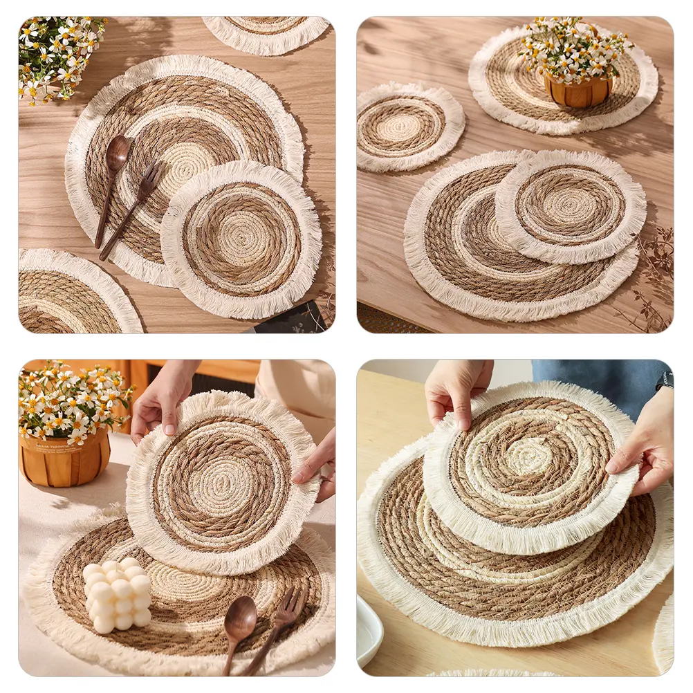 2 Pcs Woven Placemats 38CM 25CM Grass Cotton Coaster Round Tassel Insulated Bowl Mat Dining Desktop Absorbent Placemat Kitchen