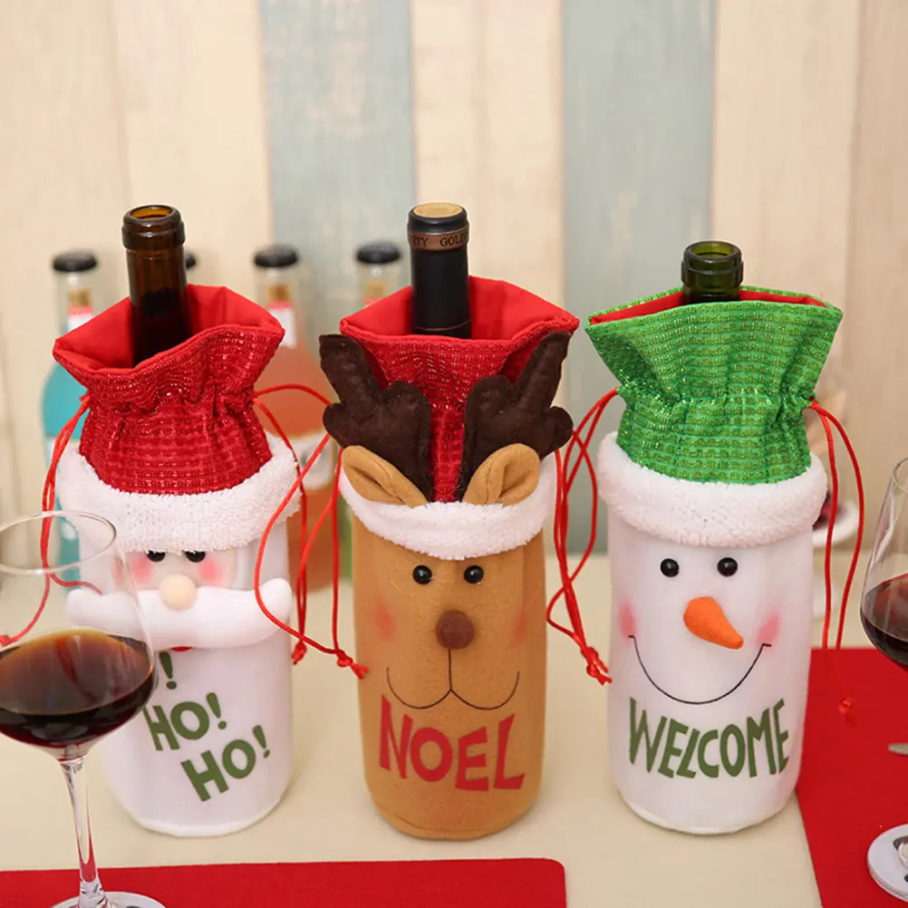 3 Pcs Bottle Bag Christmas Atmosphere Decoration Santa Claus Cover Drawstring Red Drawsring Dining Room