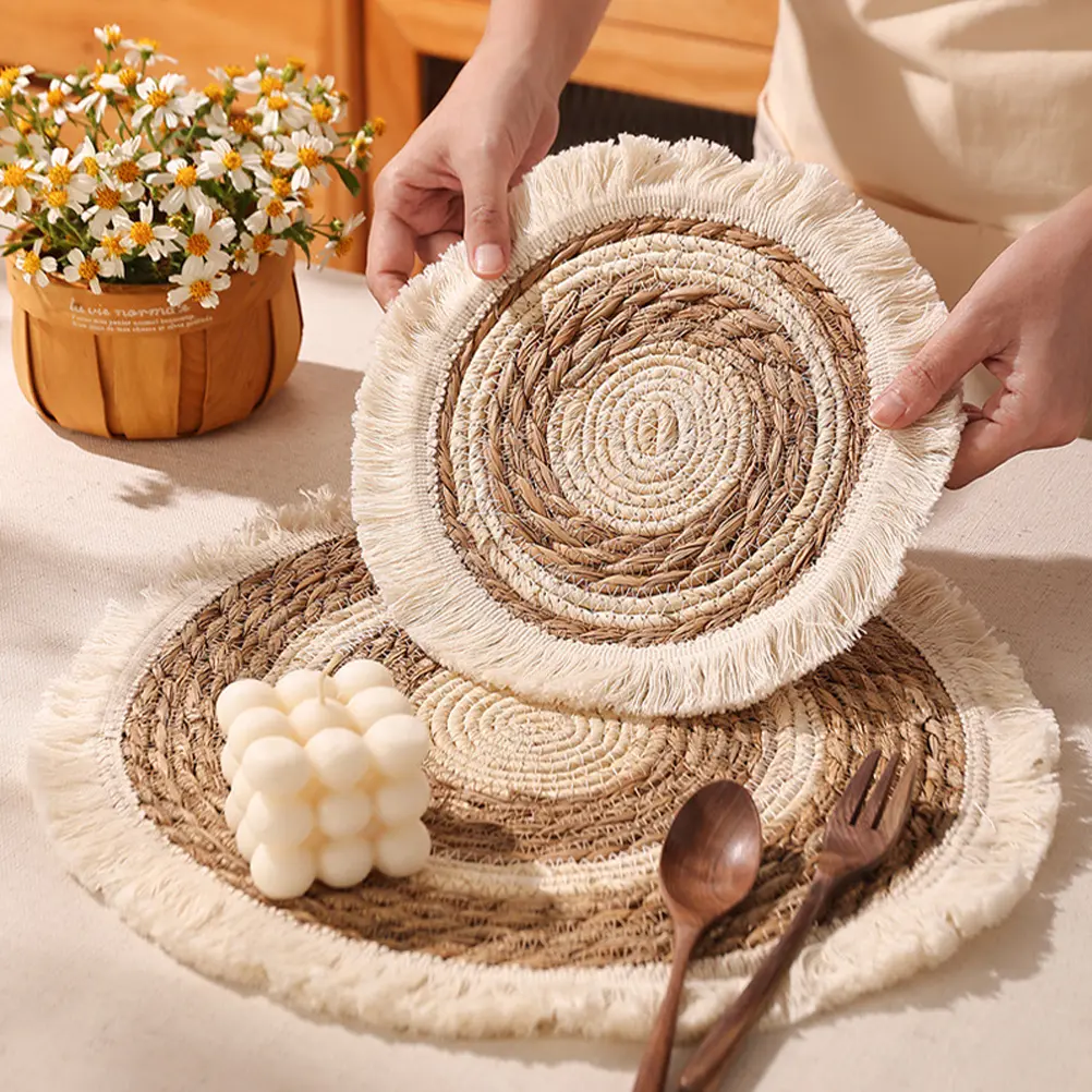 2 Pcs Woven Placemats 38CM 25CM Grass Cotton Coaster Round Tassel Insulated Bowl Mat Dining Desktop Absorbent Placemat Kitchen