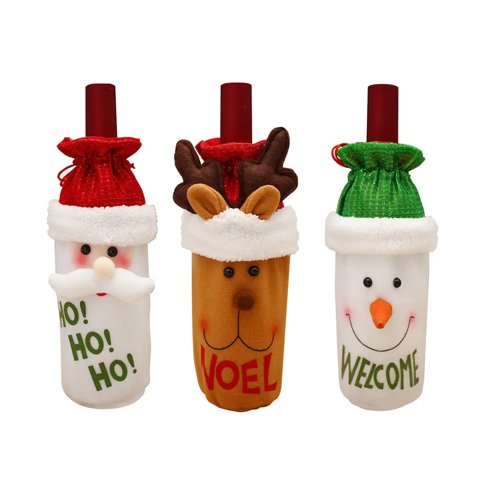 3 Pcs Bottle Bag Christmas Atmosphere Decoration Santa Claus Cover Drawstring Red Drawsring Dining Room
