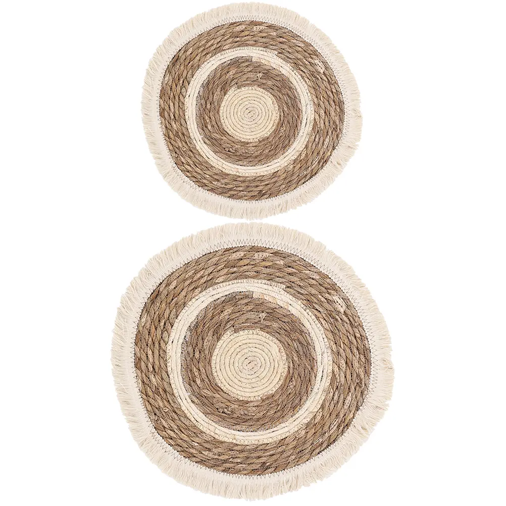 2 Pcs Woven Placemats 38CM 25CM Grass Cotton Coaster Round Tassel Insulated Bowl Mat Dining Desktop Absorbent Placemat Kitchen