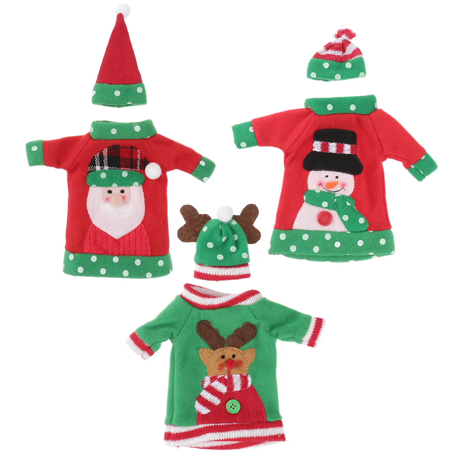 3pcs Christmas Clothes Bottle Cover Santa Snowman Elk Sweater Cap for Xmas Party Ornament Dress up Holiday Gift