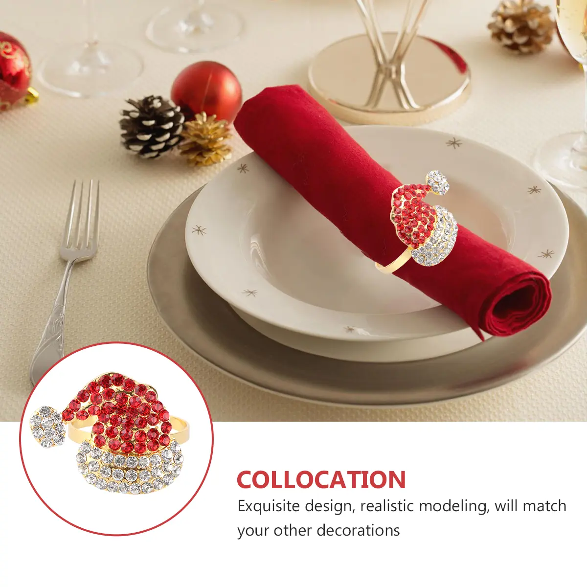 4 Pcs Napkin Ring Red Buckles Shiny Holders Diamond Ornament Hat Christmas Rings Santa Metal