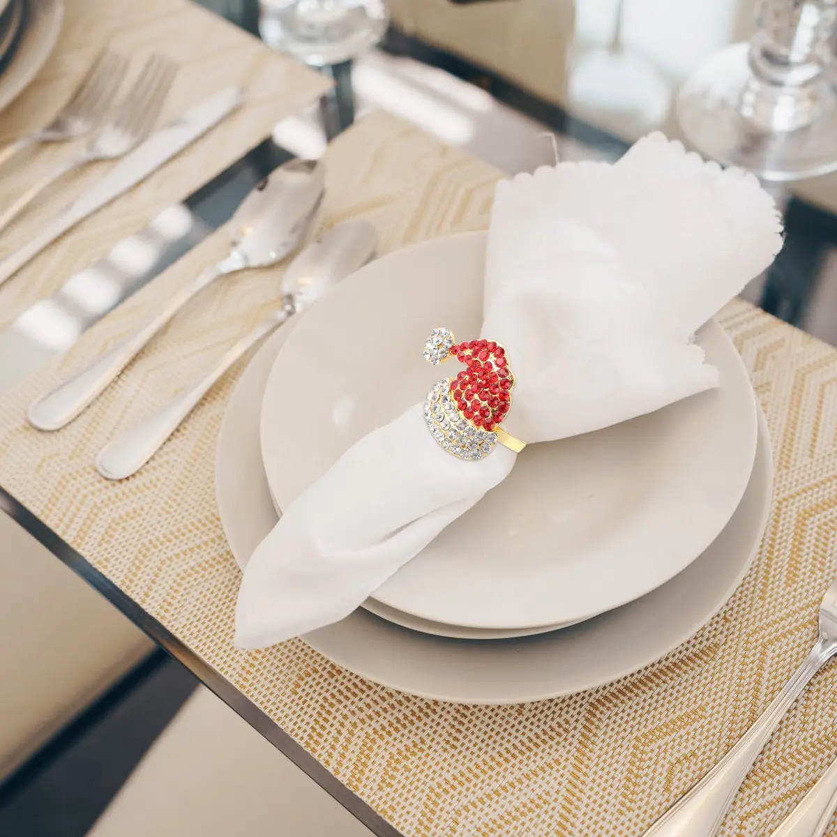 4 Pcs Napkin Ring Red Buckles Shiny Holders Diamond Ornament Hat Christmas Rings Santa Metal