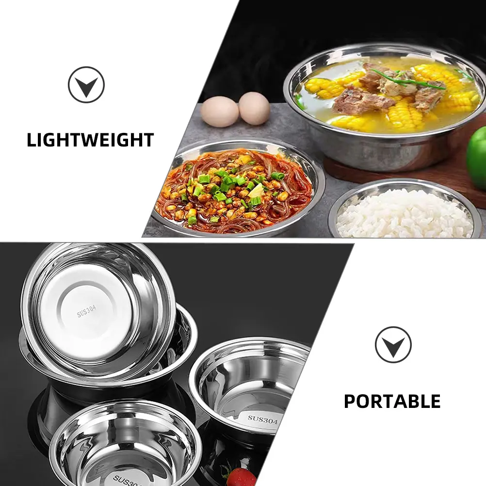 4pcs Stainless Steel Soup Basin Multifunctional Kitchen Bowl Metal Mixing Silver Household Wide Mouth Stackable for Home
