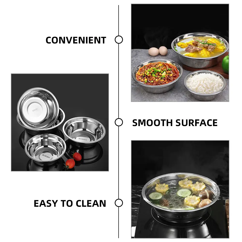 4pcs Stainless Steel Soup Basin Multifunctional Kitchen Bowl Metal Mixing Silver Household Wide Mouth Stackable for Home