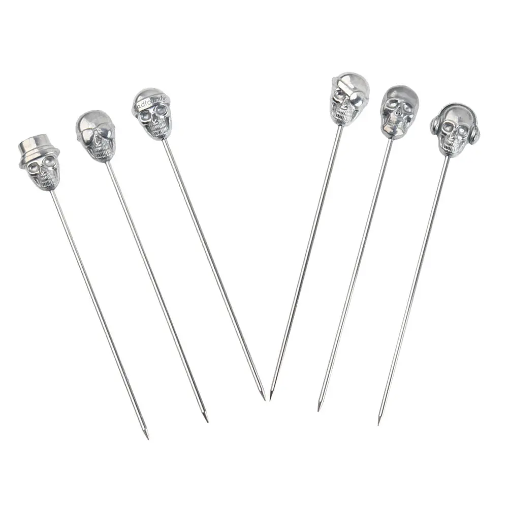 6 Pcs Stainless Steel Skull Cocktail Picks Reusable 304 Rust Proof Fruit Snack Dessert Party Practical Easy Clean