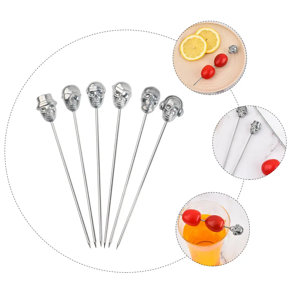 6 Pcs Stainless Steel Skull Cocktail Picks Reusable 304 Rust Proof Fruit Snack Dessert Party Practical Easy Clean