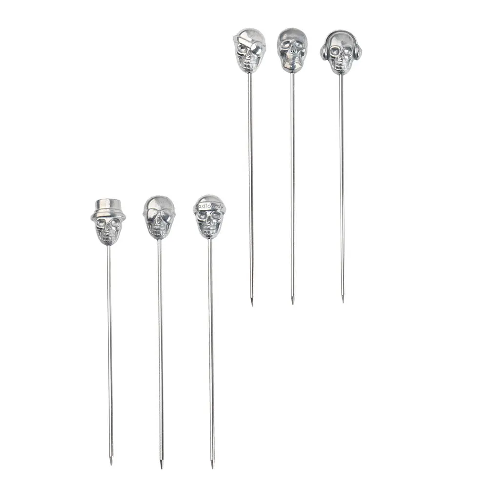 6 Pcs Stainless Steel Skull Cocktail Picks Reusable 304 Rust Proof Fruit Snack Dessert Party Practical Easy Clean
