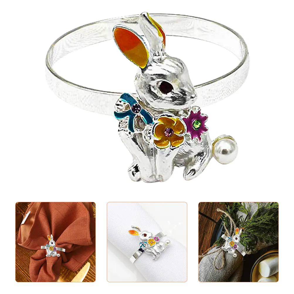 6pcs Rings Rabbit Shape Easter Party Supplies White Silver Napkin Circles Tone Dining Accessories Table Decor