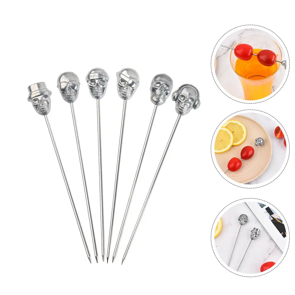 6 Pcs Stainless Steel Skull Cocktail Picks Reusable 304 Rust Proof Fruit Snack Dessert Party Practical Easy Clean