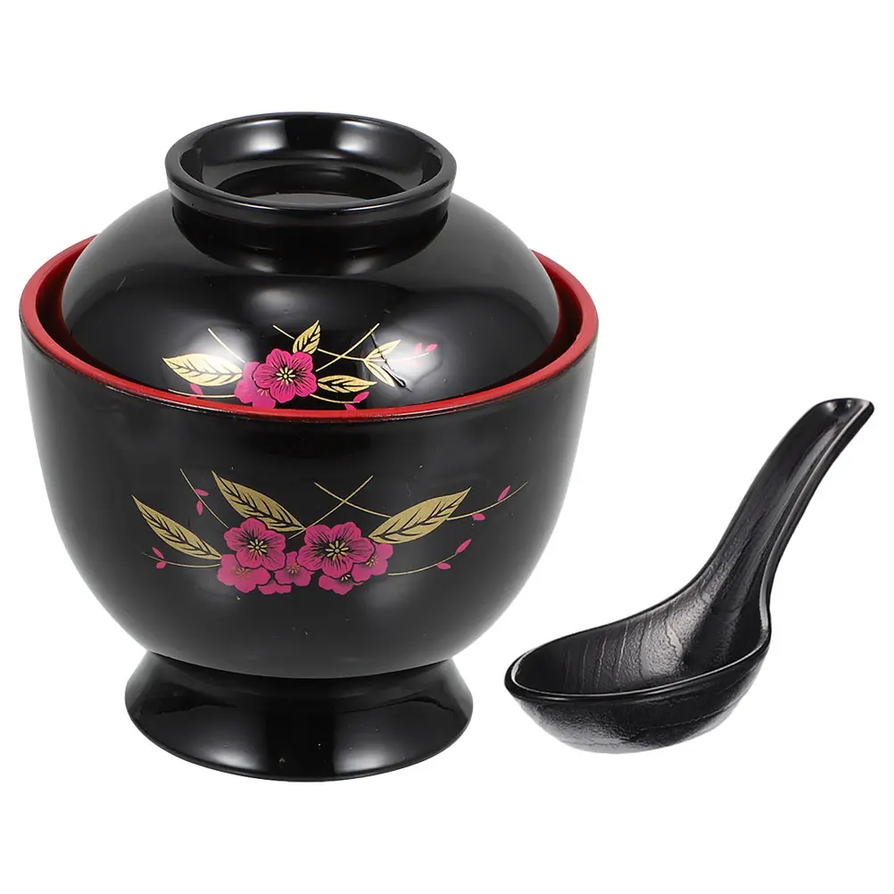 1 set Miso Soup Bowl Japanese Rice Bowls Black Spoon Lid Design Traditional Noodle Asian Small Bowls Kitchen Bar Supplies