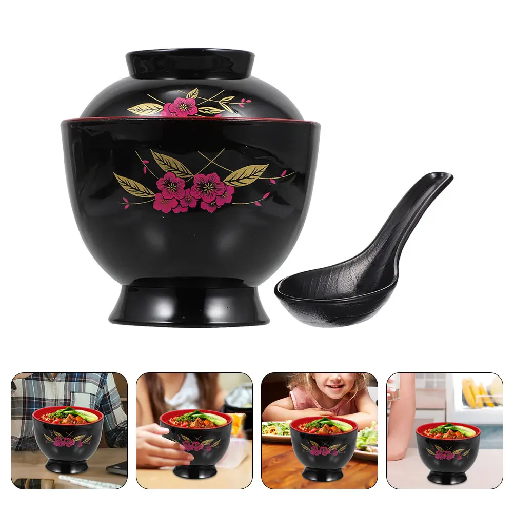 1 set Miso Soup Bowl Japanese Rice Bowls Black Spoon Lid Design Traditional Noodle Asian Small Bowls Kitchen Bar Supplies