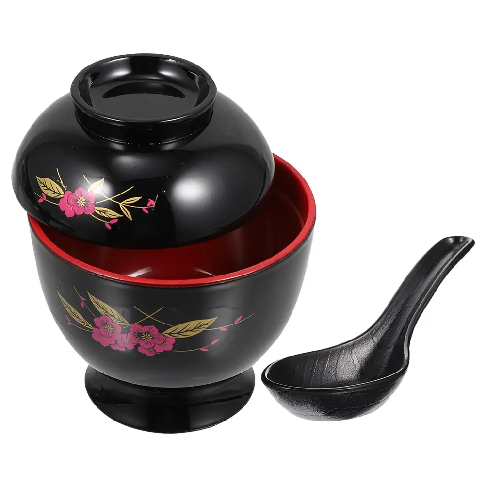 1 set Miso Soup Bowl Japanese Rice Bowls Black Spoon Lid Design Traditional Noodle Asian Small Bowls Kitchen Bar Supplies