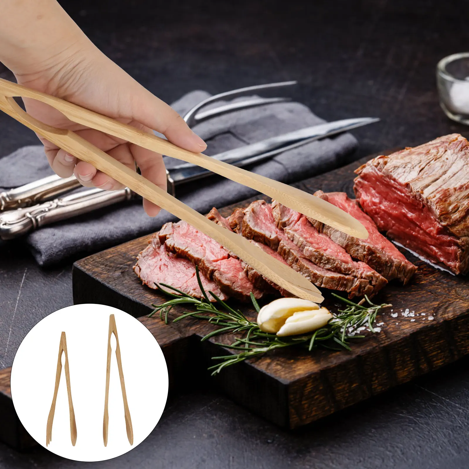 2Pcs Bamboo BBQ Tongs Grill Food Clips Strong Kitchen Restaurant Tool Serving Steak Pasta Bread Easy Use