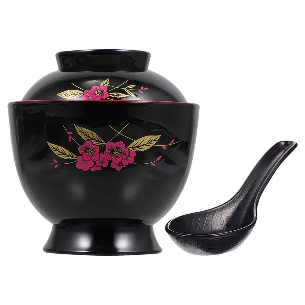 1 set Miso Soup Bowl Japanese Rice Bowls Black Spoon Lid Design Traditional Noodle Asian Small Bowls Kitchen Bar Supplies