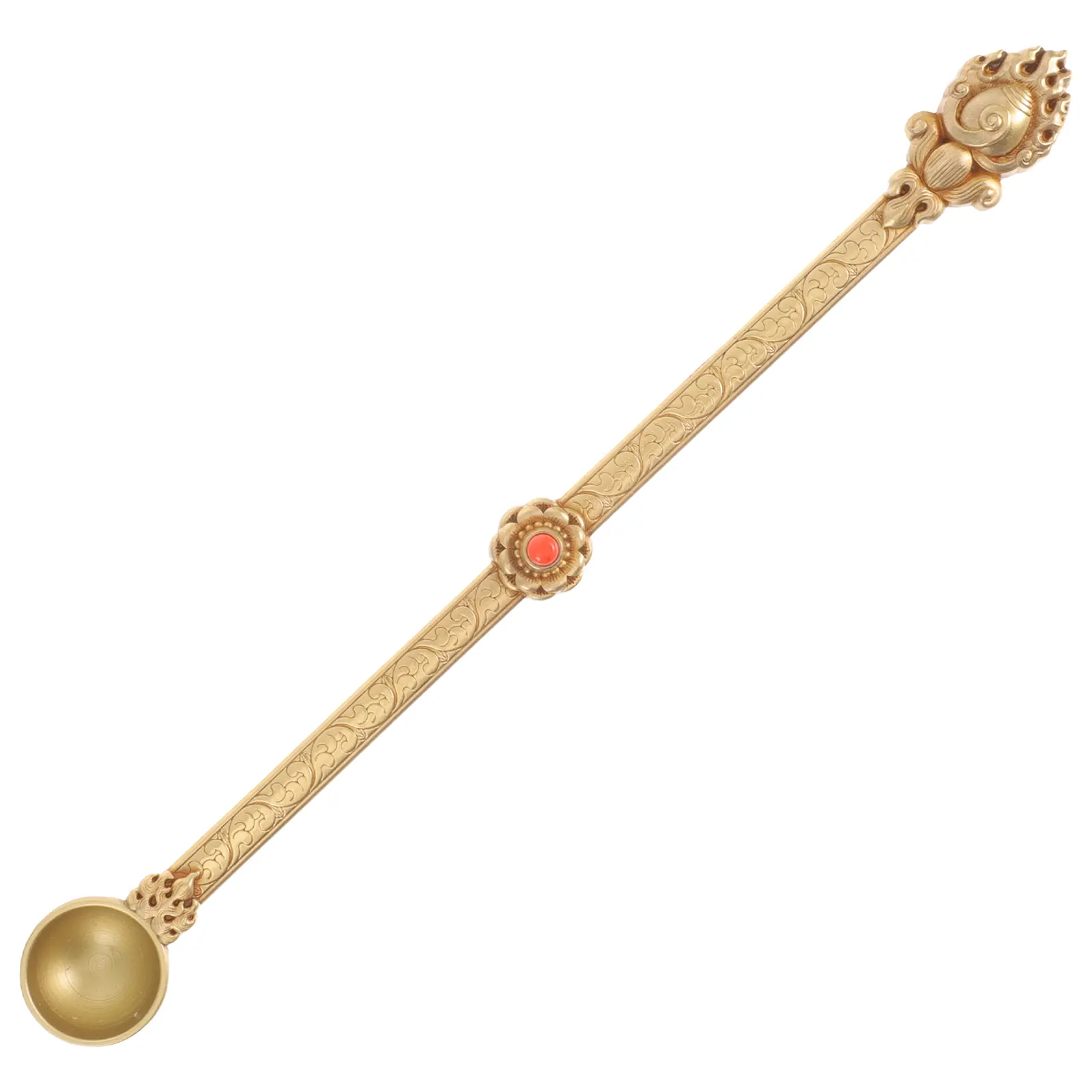 Pure Copper Ghee Spoon Intricately Carved for Holy Reliable Brass Crafted Spoon Style Long Stick