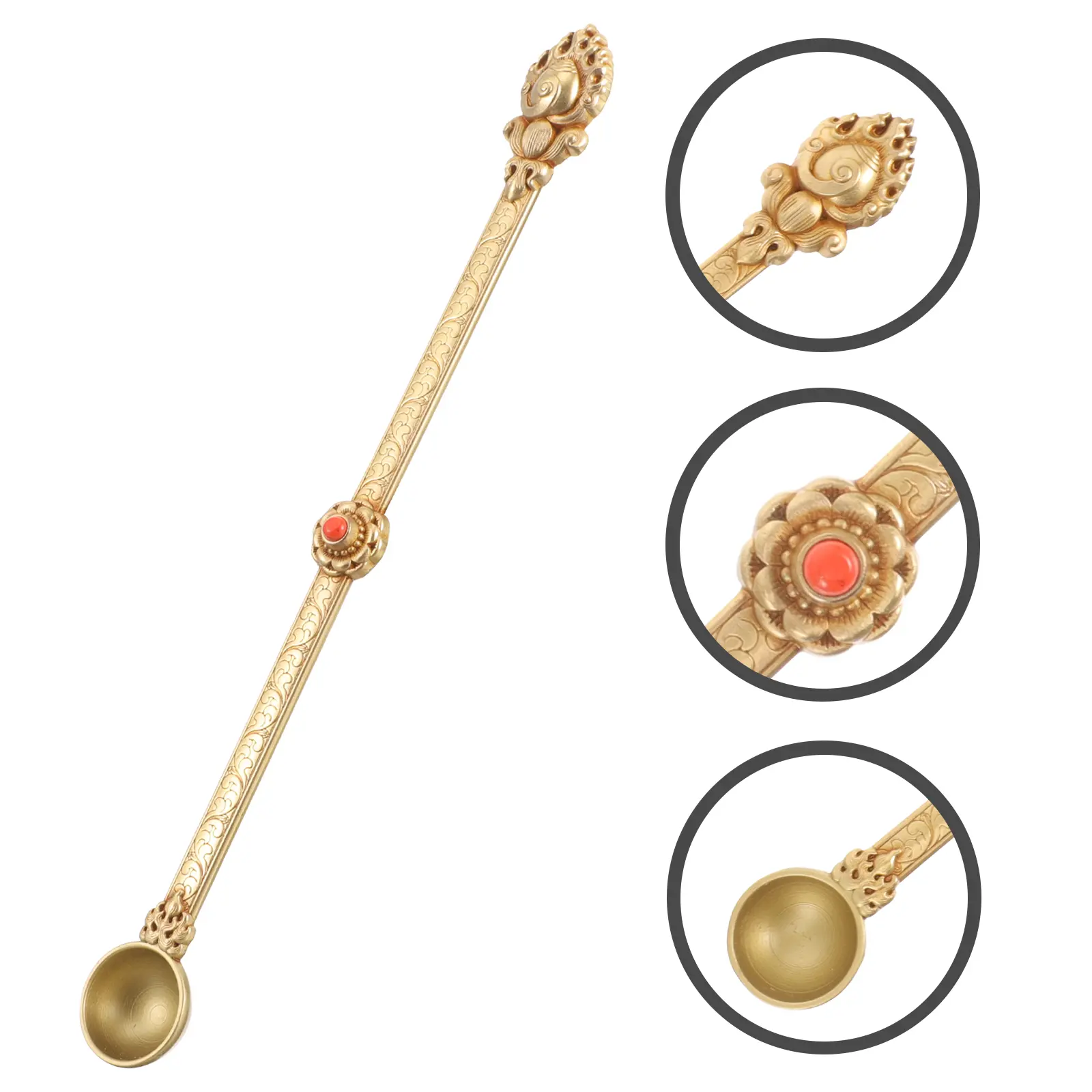 Pure Copper Ghee Spoon Intricately Carved for Holy Reliable Brass Crafted Spoon Style Long Stick