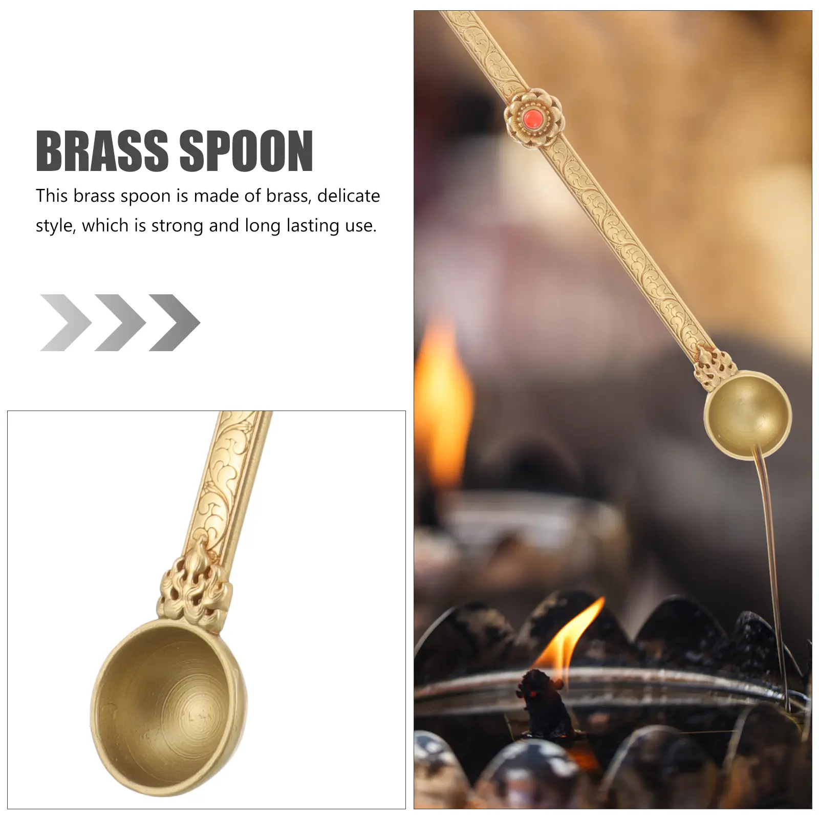 Pure Copper Ghee Spoon Intricately Carved for Holy Reliable Brass Crafted Spoon Style Long Stick