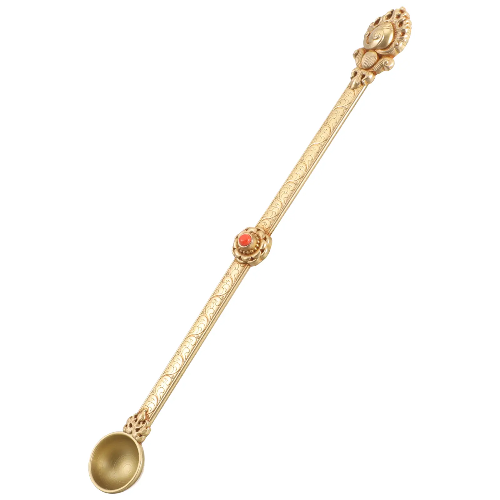 Pure Copper Ghee Spoon Intricately Carved for Holy Reliable Brass Crafted Spoon Style Long Stick