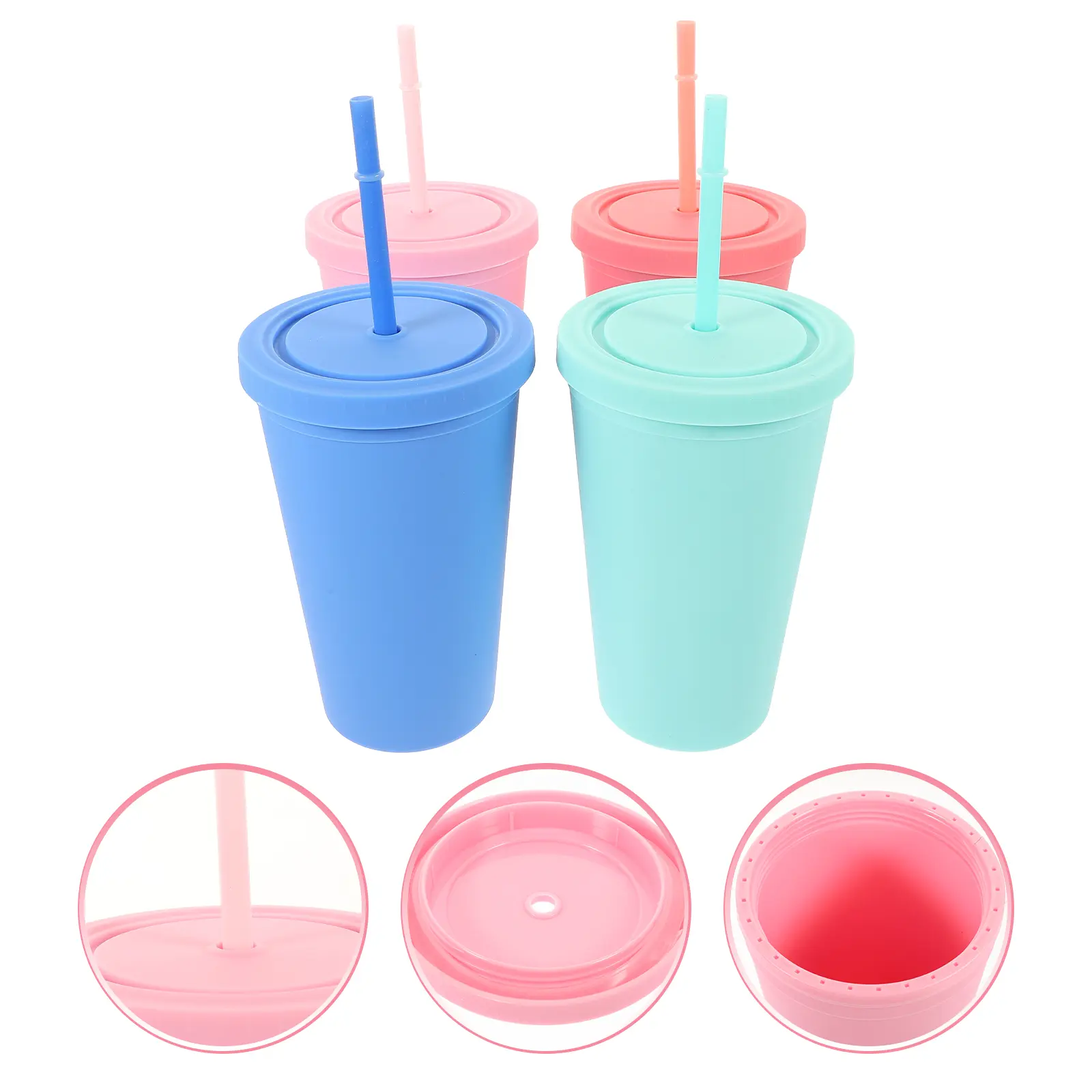 4pcs Coffee Cups Double Layer Sippy Straw Reusable Drinks Household Storage Portable Holder Travel Plastic Juice Kids Milk Tea