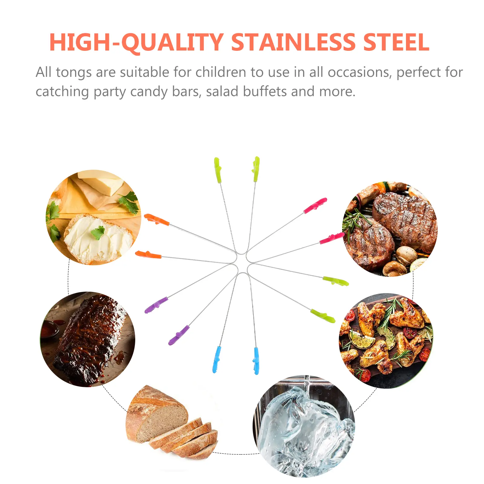 6Pcs Food Tongs Silicone Stainless Steel Kitchen Clips for Kids Party Camping Gathering Salad Buffets Bars Family Use Heat