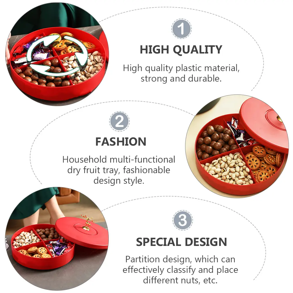 Plastic Material Tray Snack Box Platter Dish Nut Serving Container Food Divided Plate Case Red