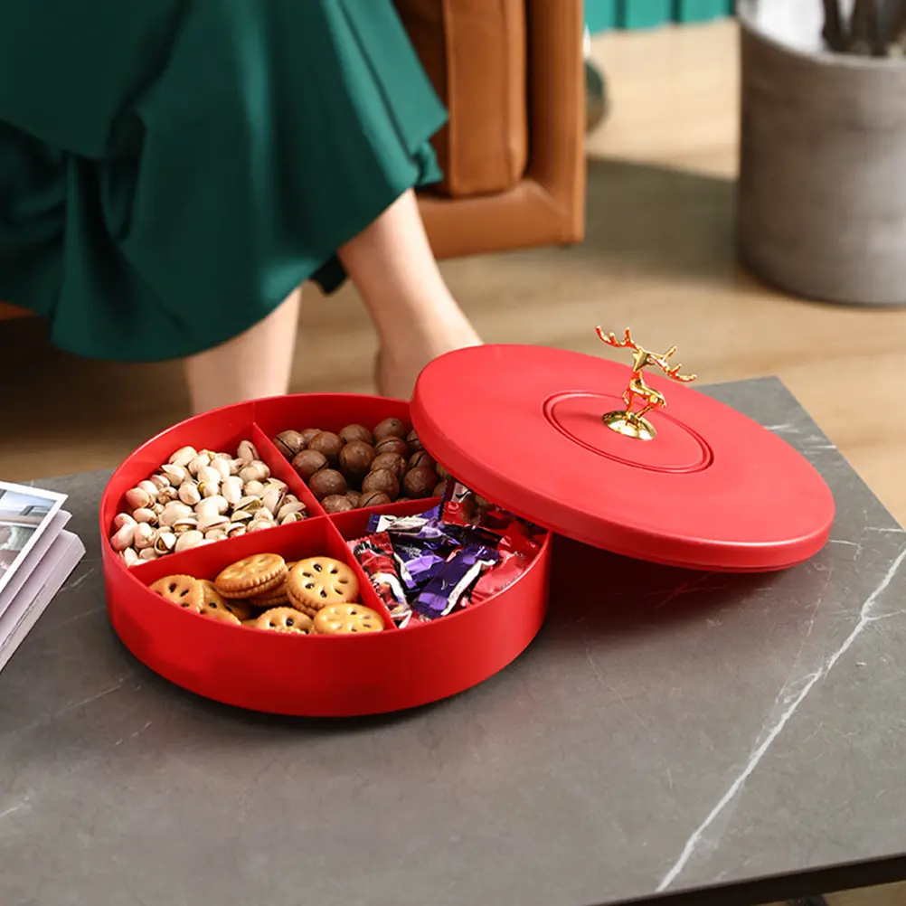 Plastic Material Tray Snack Box Platter Dish Nut Serving Container Food Divided Plate Case Red