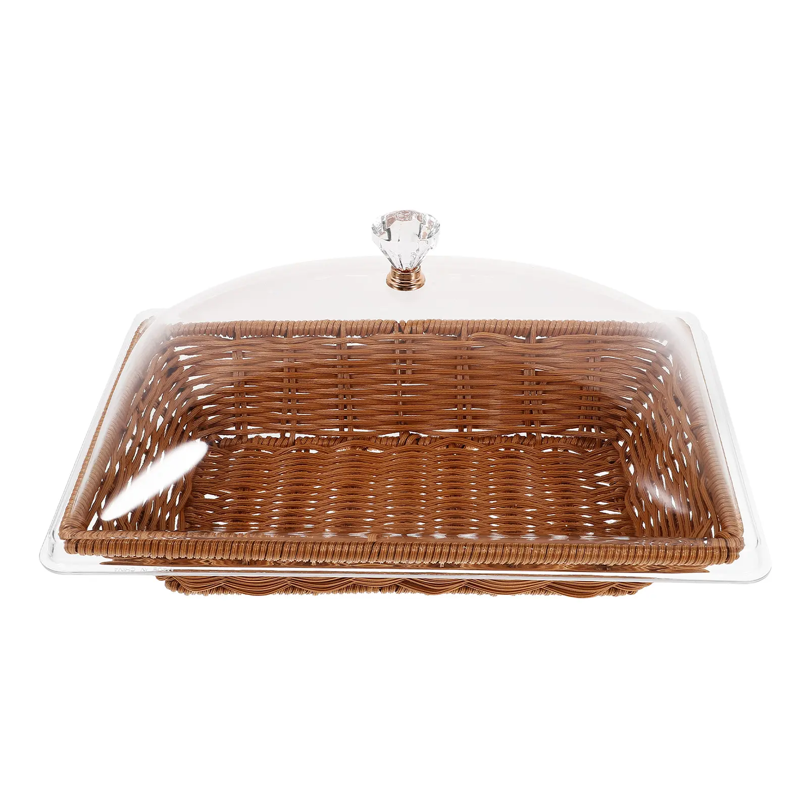 Transparent Handle Lid Woven Food Fresh keeping Basket Bread Cake Snack Display Storage Tray Kitchen Home Party Square Brown