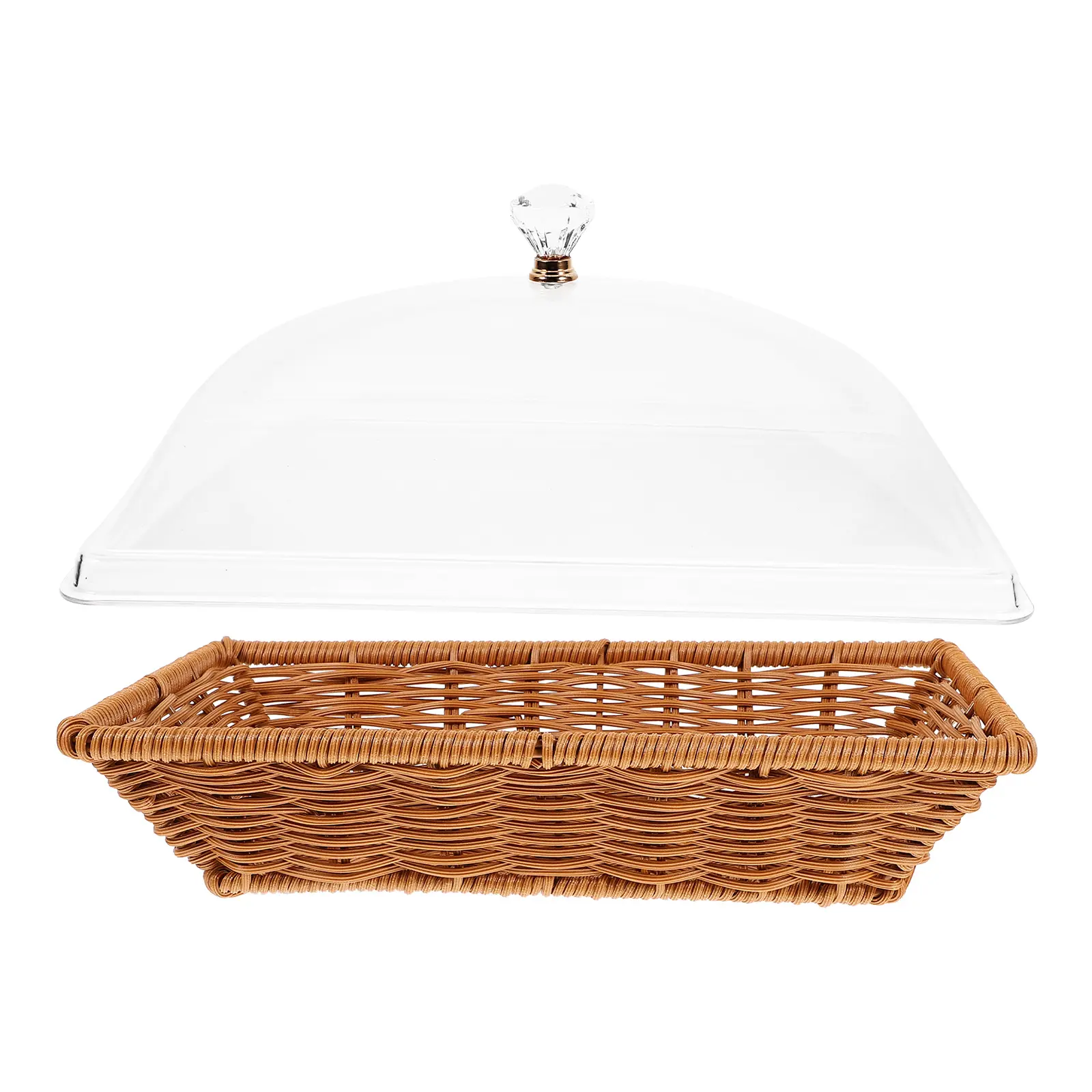 Transparent Handle Lid Woven Food Fresh keeping Basket Bread Cake Snack Display Storage Tray Kitchen Home Party Square Brown